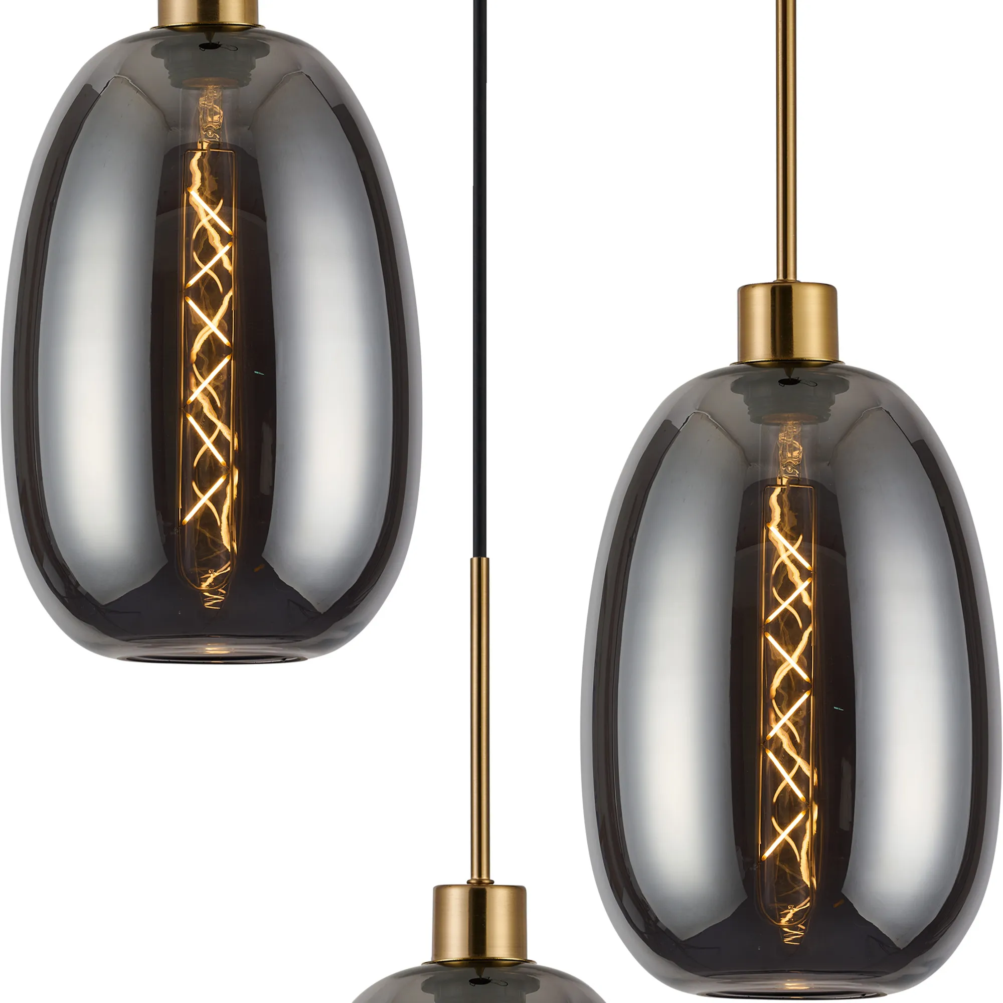 Lori 40cm Round Pendant, 3 Light Adjustable E27, Antique Gold/Smoke Slim Curved Trapezium Shades DK1185  Deco Lori Antique Gold